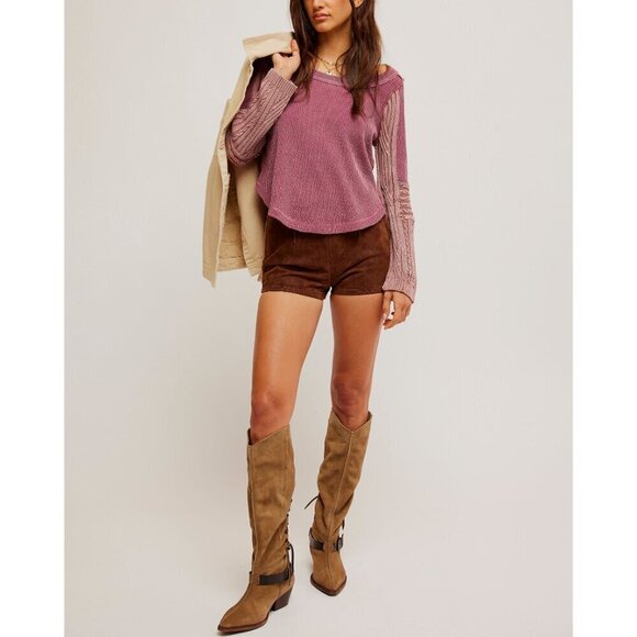 FREE PEOPLE We The Free Swinging Cable Cuff Top Tee / Vineyard Grape Combo XS - Picture 3 of 6